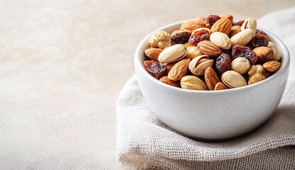 Nuts and dried fruits in a white bowl on a beige background with copy space for your text or design, a natural, healthy food concept banner. High-quality photo of mixed nuts in a ceramic dish on a tab