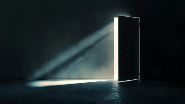 Beam of light pours through closing door into a dark, empty room. 