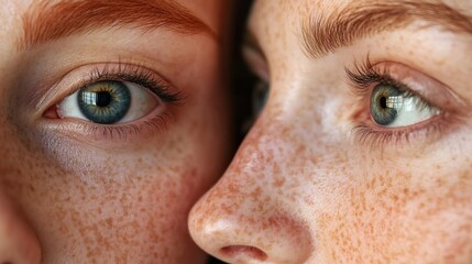Fototapeta premium Close Up of Two Women with Freckles and Blue Eyes, Soft Lighting