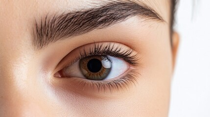 Obraz premium Close Up Of Woman's Eye With Brown Iris And Glitter Makeup, Soft Lighting White Background