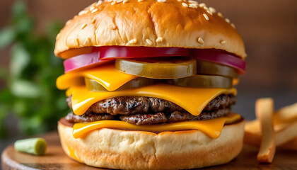 Cheeseburger with Cheddar Cheese, Pickles, and Fresh Tomatoes – Classic Fast Food Delight