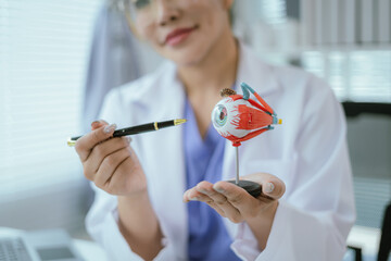 Surgeon with human eye model and explains modern clinical treatment