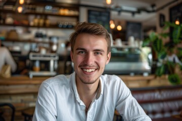Fototapeta premium Portrait of a smiling young Caucasian man in a coffee shop