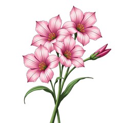 Obraz premium 開花したフリージアは、細い茎を持つ白い背景に、輝く花びらをミニマルなブーケに飾っています