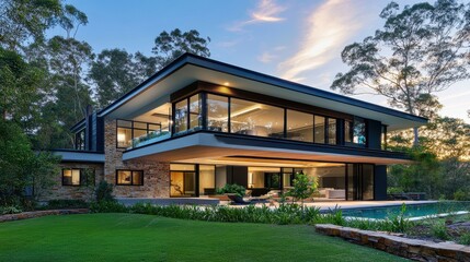 Modern architectural home with a serene landscape view