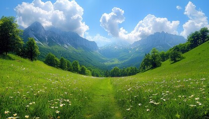 Naklejka premium Serene Mountain Meadow Landscape: A Breathtaking View of Alpine Scenery