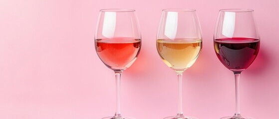 Elegant wine tasting featuring a trio of glasses filled with red white and rose wine against a soft pink background creating a sophisticated ambiance
