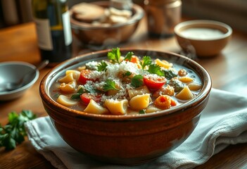 Rustic Italian Wedding Soup with pasta, vegetables, and Parmesan cheese
