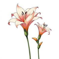 ベルベットのようなフリージアの花びらが、細い茎に垂れ下がり、白い背景に幻想的な花束を形成します