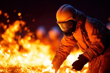 Fototapeta premium Firefighter Battling Blaze - A firefighter in protective gear bravely confronts a large fire, demonstrating courage and resilience in the face of danger