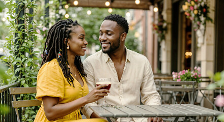 Couple enjoying drinks and smiling at a café terrace