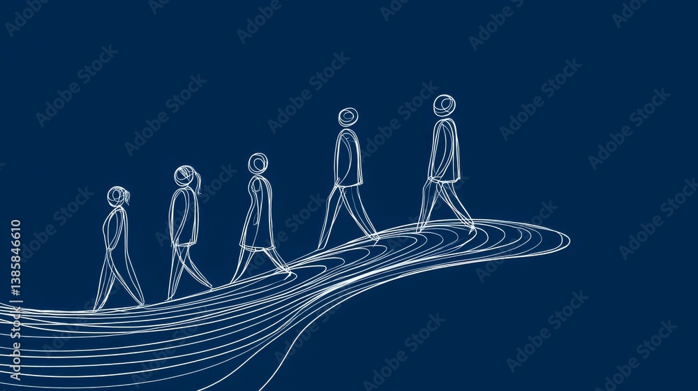 Aufkleber line art forward progress: a path to success - stylized figures walk along a curving path, symbolizi