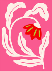Fototapeta premium Stylized red flower with cream leaves and green accents shown in a flat, abstract graphic style on a vibrant pink background. Concept of modern floral art. Vector illustration