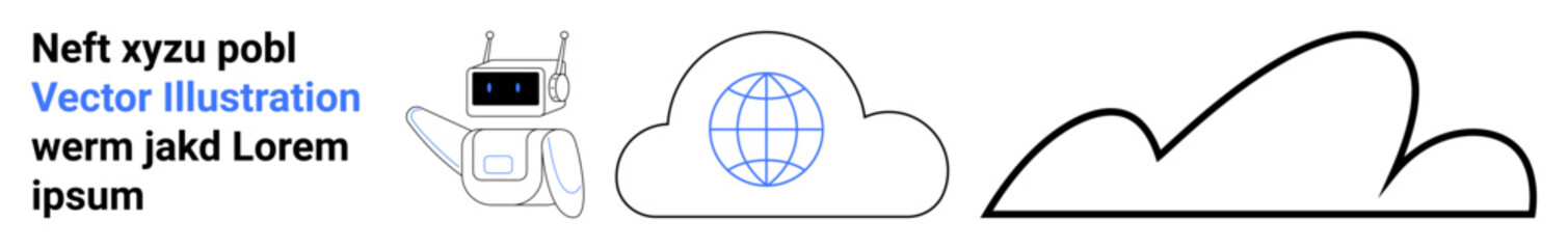 Robot with raised hand, globe inside cloud, minimalist cloud shapes. Ideal for technology, AI, cloud computing, globalization, internet, automation education simple landing page