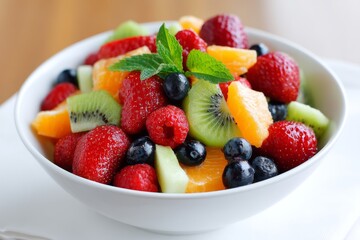 Fresh Fruit Salad in Bowl - A vibrant mix of strawberries, raspberries, blueberries, kiwi, and oranges in a white bowl. Perfect for a healthy and refreshing snack or dessert