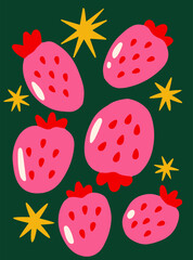Pink strawberries with red seeds and green leaves scattered among yellow stars on a dark green background, playful and bold fruit-themed concept. Vector illustration