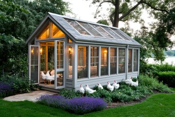 Serene Chicken Coop: A charming, sunlit chicken coop nestled amidst a vibrant garden, with chickens enjoying the warmth and comfort of their cozy dwelling.
