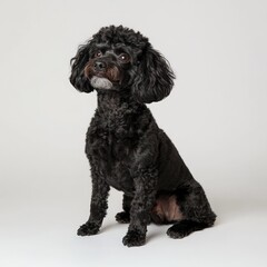 Playful black dog portrait in studio with minimalist background and joyful expression