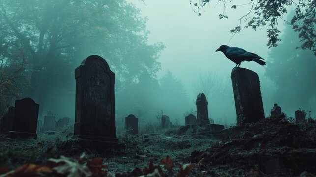 Creepy Abandoned Graveyard with Crooked Headstones in Eerie Fog