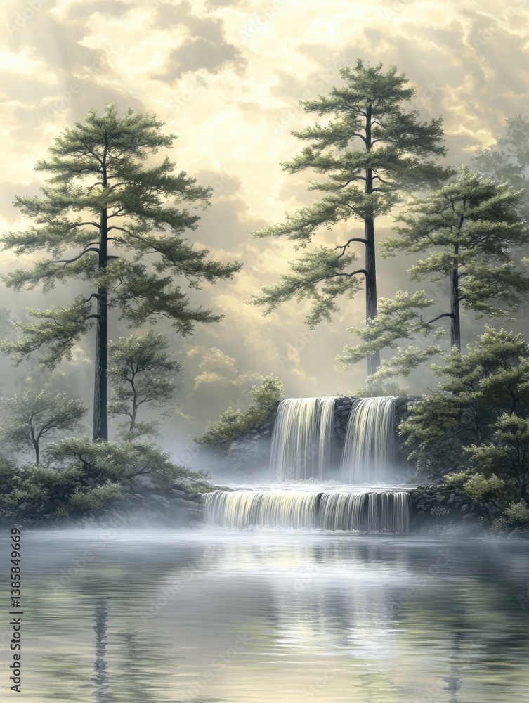 Poster serene waterfall cascading through lush trees reflecting in calm water creating a peaceful nature sc