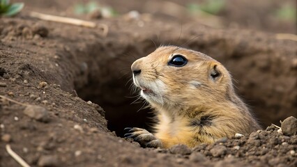 Cute Prairie Dog Peeking Out of Its Burrow in Brown Earth