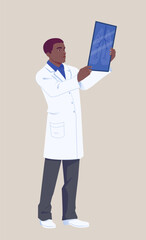 Male doctor in white coat holding and examining a chest X-ray, flat graphic style, light beige background. Concept of healthcare and medical diagnostics. Vector illustration