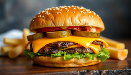 Classic Cheeseburger with Cheddar, Pickles, Lettuce, and Fresh Tomatoes – Fast Food Perfection
