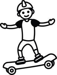 Cartoon Boy with Helmet Rides Skateboard Simple Black Line Art with Transparent Background