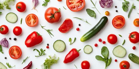 Red green bell pepper tomatoes spices herbs salad zucchini eggplant aubergine cabbage health garlic cucumber vegetables fruits eco organic white background isolated studio mockup set fresh elements