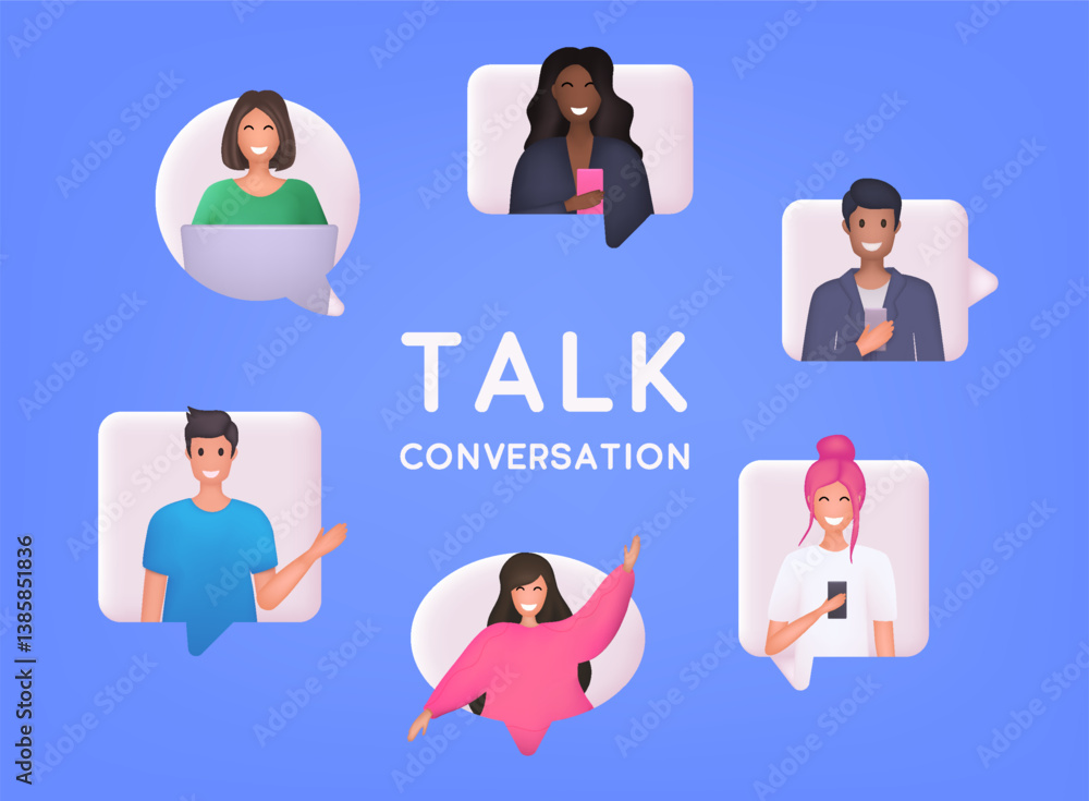 Poster people in talking bubble frames of various shapes. business communication via internet concept. virt