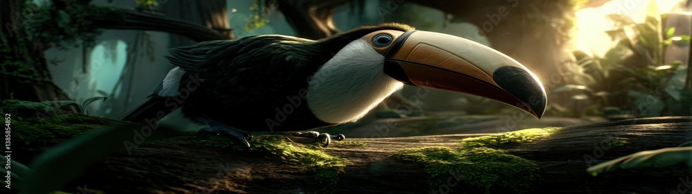 Poster Realistic Portrayal of a Toucan Perched in a Lush Green Space with Sunlight Filtering Through the Trees