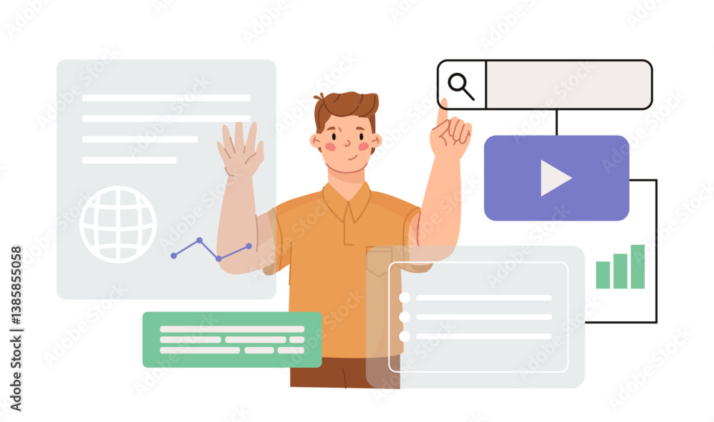 Poster a smiling man interacting with floating digital data panels, charts, and search icons in a flat grap