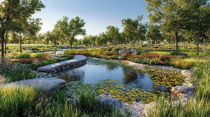 Serene garden pond with curved pathway, lush greenery, and water lilies under a clear sky.