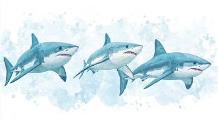 Obraz premium Three great white sharks swimming in ocean water, watercolor style illustration.