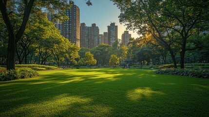 Obraz premium Lush green park with city skyline at sunset.