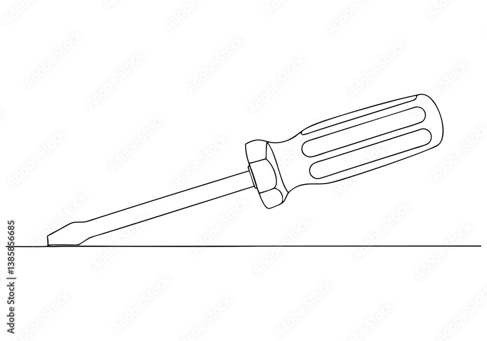 Poster continuous line drawing of a flat head screwdriver with integrated handle and shaft in minimalist fu