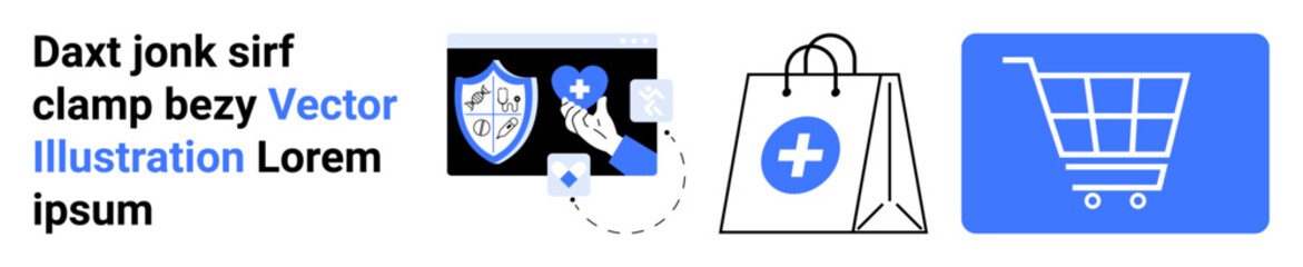 Shopping bag with medical symbol, shield with health icon, hand offering heart, cart symbol. Ideal for e-commerce, healthcare retail, security, insurance, medical apps telehealth simple landing