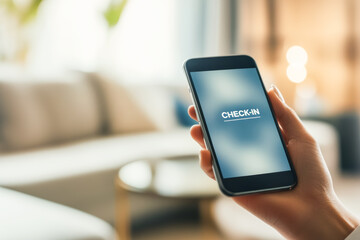 Tourist using smartphone app to check in at hotel room, innovative hospitality technology