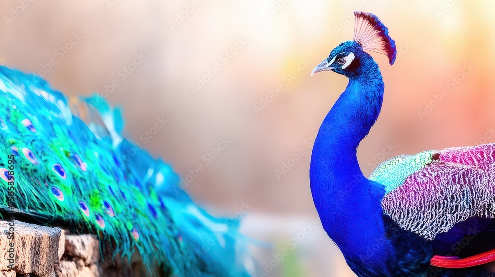 Poster a stunning realistic peacock in vibrant colors displaying its feathers in a serene environmental set