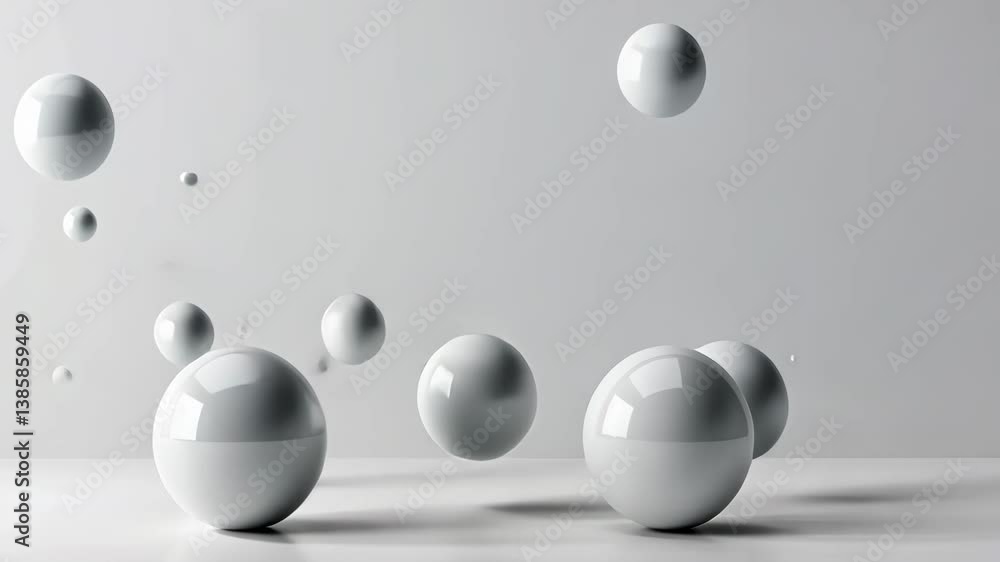 Poster abstract composition of glossy white spheres floating in a clean lit studio background with geometri