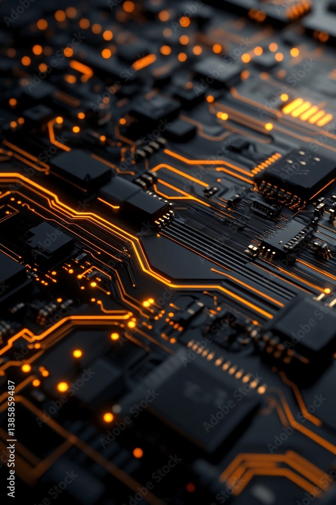 Poster Glowing orange lights on electronic circuit board representing data transfer and processing power