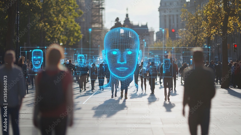Poster Ai scans faces in crowded street using digital biometric facial recognition technology