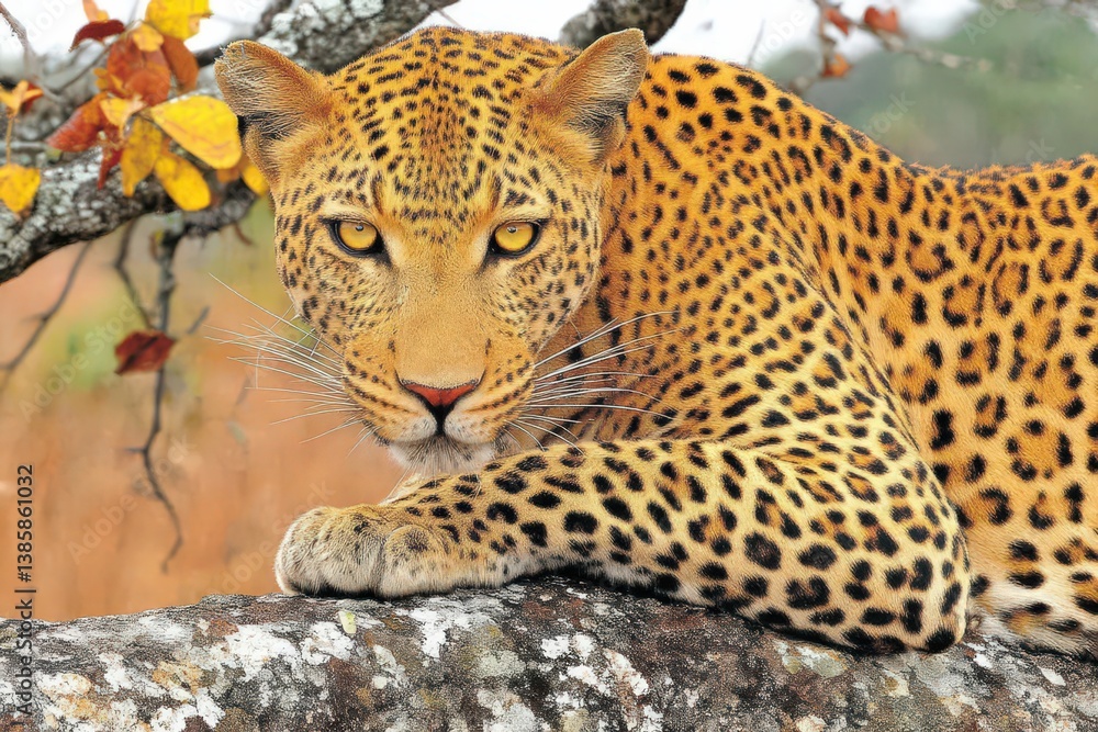 Poster realistic image of a leopard lounging on a tree branch in a natural space setting with autumn leaves