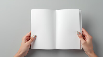 Woman holding brochure with blank pages on grey background.