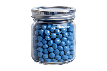 Blue pills in a clear jar isolated on transparent background
