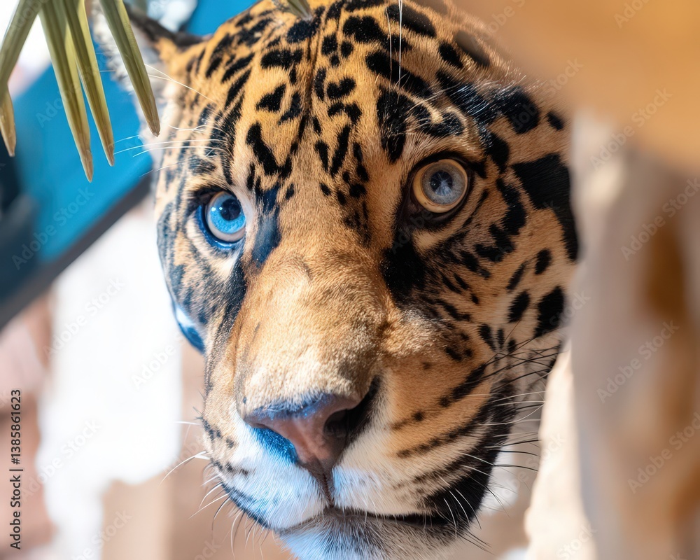 Poster realistic close-up of a jaguar walking in space with intricate details and vivid colors highlighting
