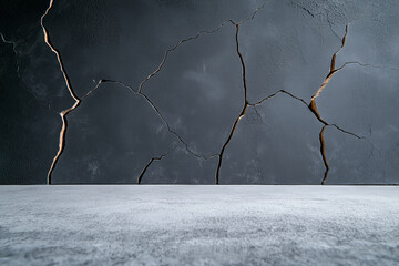 wall of gray stone with cracks, gray floor, and empty space create dramatic and textured backdrop. cracks add depth and character to scene, evoking sense of age and wear