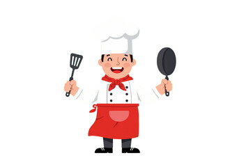 Cheerful cartoon chef holding spatula and frying pan.