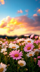 Obraz premium vibrant meadow filled with white and pink daisies under colorful sunset sky creates serene and picturesque scene