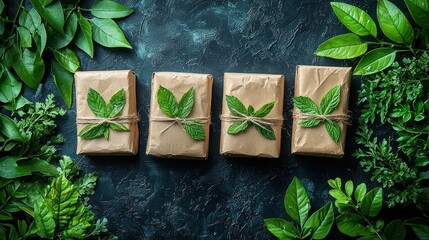Eco-friendly gifts wrapped in kraft paper with green leaves.